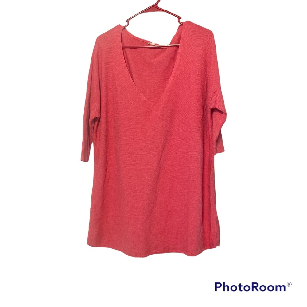 Eileen Fisher V-Neck Long Sleeve Tunic Top Pink Basic Organic Cotton Mod…